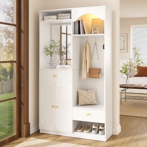 Mueble recibidor con espejo banco y zapatero blanco 180x100x35cm