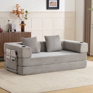 Sofá cama plegable de pana gris claro con portavasos y bolsillos laterales
