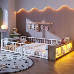 Cama de metal 140x200cm con LED y almacenaje blanco