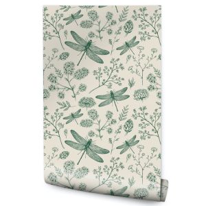 Papel Pintado Libélulas Flores Y Hojas Para Dormitorio 53cm x 10m