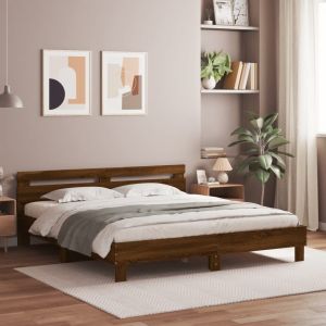 Cama cabecero y luces LED marrón roble 200x200 cm reg4711