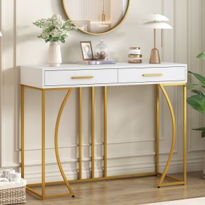 Mesa consola para recibidor con 2 cajones mdf blanco y dorado 85x110x32cm