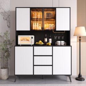 Aparador alto con vitrina LED 4 puertas 3 cajones blanco negro 160x120x40cm