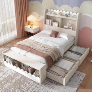 Cama infantil 90x190cm maciza roble con 2 cajones almacenaje blanca