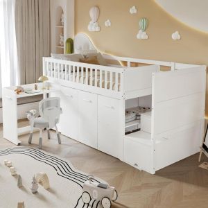 Litera infantil 90x200cm con escritorio, escalera y armario, blanco