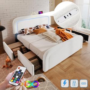 Cama 160x200cm con cabecero regulable, usb-c, LED, 4 cajones blanco