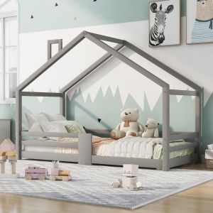 Cama infantil casa 90x200cm madera maciza con barandilla y somier gris
