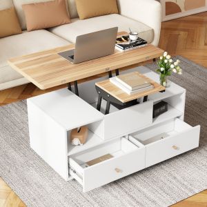 Mesa de centro elevable con 4 cajones madera natural blanco 47,5x100x50cm