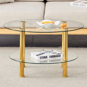 Mesa de centro redonda de 2 niveles vidrio y metal dorado 42x70x70cm
