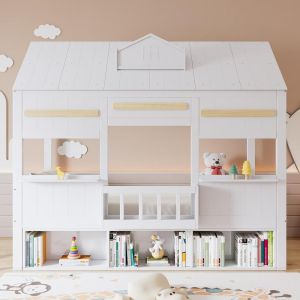 Cama casa infantil 90x200cm con estante para libros blanco