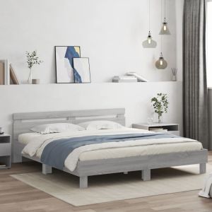 Cama cabecero y luces LED gris sonoma 180x200 cm