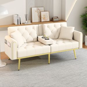 Sofá cama 2-3 plazas terciopelo beige respaldo ajustable portavasos