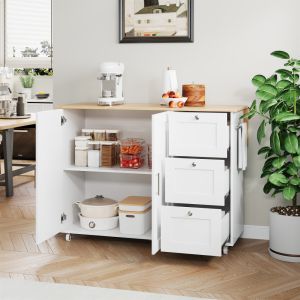 Isla de cocina plegable con 2 puertas 3 cajones blanco 90x135x70cm