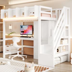 Cama alta multifuncional 90x200cm con escritorio y armario madera blanco