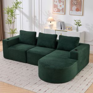 Sofá tapizado verde retro con 3 cojines y doble portavasos