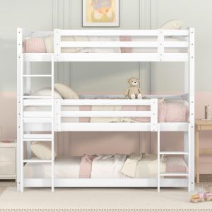 Litera triple infantil 90x200cm pin blanco con barandilla y escalera
