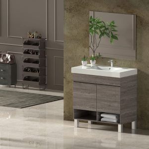 Mueble de baño nebari, lavabo y espejo 80x40cm con cajón roble smoky