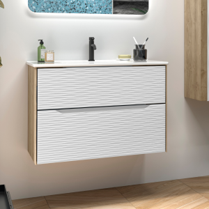 Mueble baño suspendido con lavabo cerámico | roble natural - blanco | 100cm