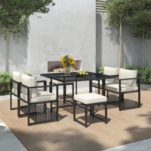 Conjunto mesa sillas jardín negro blanco 6 personas vidrio templado