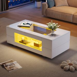 Mesa de centro con LED y almacenaje cristal y madera blanco 35x100x50cm