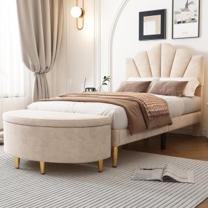 Cama 90x200cm terciopelo con cabecero ajustable y almacenaje beige