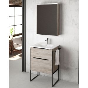 Mueble de baño al suelo con lavabo cerámico | 90 cm - pino gris