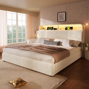 Cama tapizada 140x200cm con canapé, LED y usb terciopelo – color beige