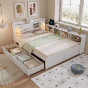Cama doble 140x200 cm con almacenaje y luces madera – color blanco