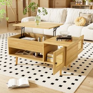 Mesa de centro elevable ratán imitación madera natural