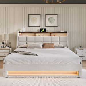 Cama tapizada 180x200 cm con LED, usb y almacenaje lino – beige