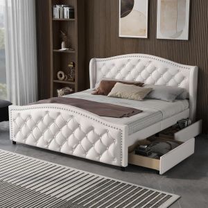 Cama 140x200cm, 2 cajones, somier de lamas, cabecero alto blanco