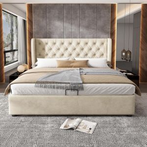Cama chesterfield 140x200cm con almacenaje velours beige