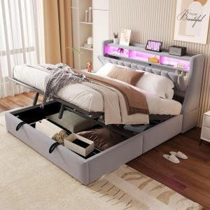 Cama tapizada 180x200cm hidráulica con cabecero regulable gris claro