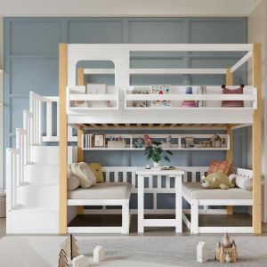 Litera infantil 90x200cm con mesa ajustable y escalera, blanco natural