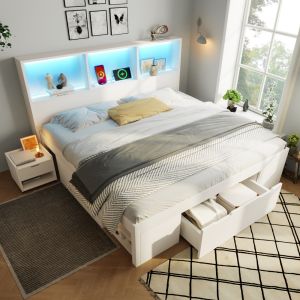 Cama doble 140x190cm con LED, usb, cajón y mesita móvil de madera – blanco