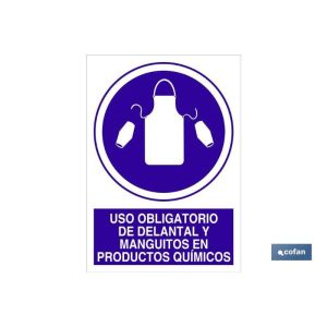 Señal poliestireno 148x105mm uso obligatorio de delantal y manguitos en productos químicos
