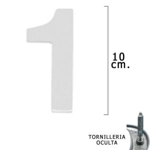 Numero metal 1 plateado mate 10 cm. con tornilleria oculta (blister 1 pieza)