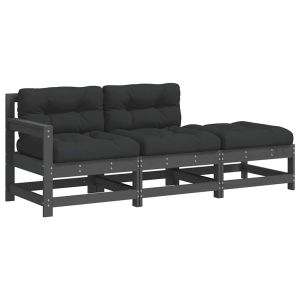 vidaXL juego de sofás de jardín 3 pzas con cojines madera maciza gris