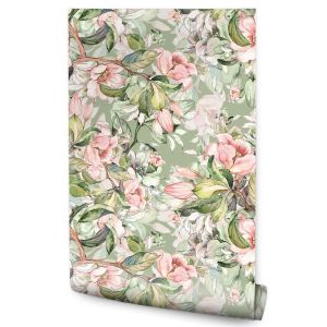 Papel Pintado Flores Rosas Hojas Y Naturaleza Para Dormitorio 53cm x 10m