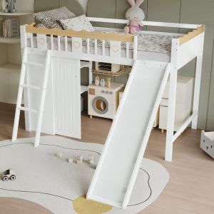 Cama alta 90x200cm con tobogán y armario madera – blanco y natural