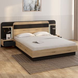 Cama doble con LED de madera negra - 140 x 190 cm
