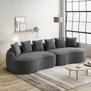 Sofá modular de 4 plazas chenilla gris con chaise longue profunda y cojines