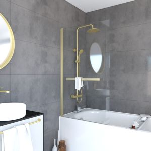 Mampara de bañera abatible - toallero 85x150cm - oro cepillado-tshape goldy