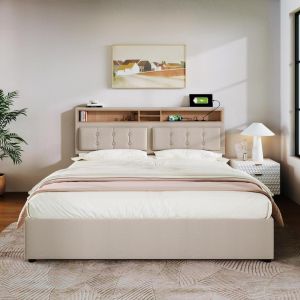 Cama doble 160x200cm con almacenaje cabecero ajustable beige