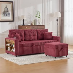 Sofá cama modular pana rojo vino con almacenaje, LED, usb c y portavasos