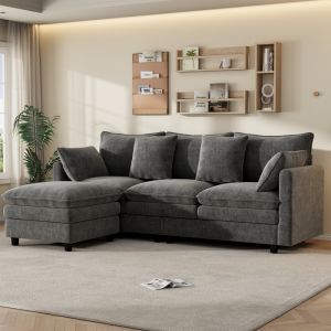 Sofá chaise longue en l chenilla gris 3 plazas con 4 cojines