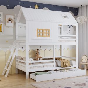 Litera 90x200 cm con techo, ventanas y cajones madera – blanco y natural