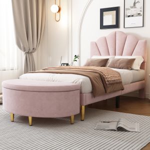 Cama 90x200cm cabecero ajustable y banqueta con almacenaje terciopelo rosa