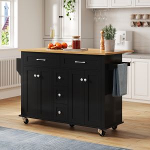 Isla de cocina con encimera abatible 5 cajones negro natural 89x140x40 65cm