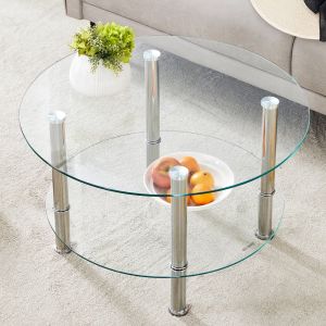 Mesa de centro de 2 niveles vidrio y metal plateado transparente 42x70x70cm